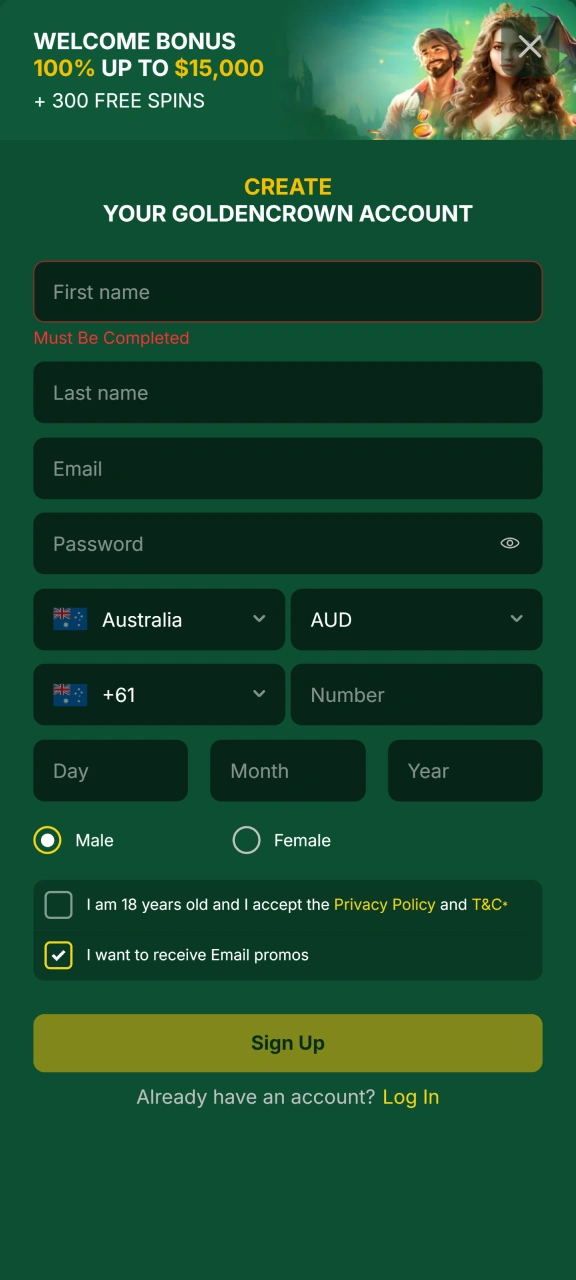 Create a Golden Crown account and start playing.